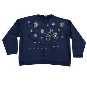 Christmas Holidays Navy Blue Embroidered Snowman and Snowflake Sweatshirt XL